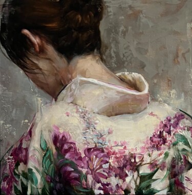 Painting titled "SENSUAL - GIRL IN K…" by Elena Mashajeva-Agraphiotis, Original Artwork, Oil Mounted on Wood Stretcher frame