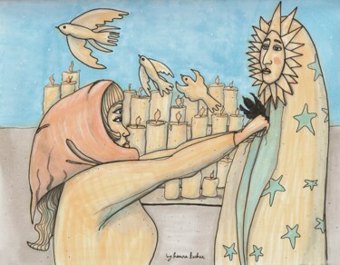 "Candles, Doves & th…" başlıklı Resim Hanna Kochet tarafından, Orijinal sanat, Işaretleyici