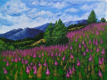 Malerei mit dem Titel "Blooming Altai" von Lana Vereshchagina, Original-Kunstwerk, Acryl Auf Holzplatte montiert