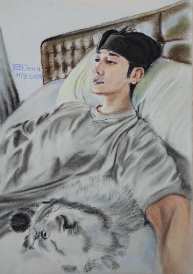 Ζωγραφική με τίτλο "Young man with a cat" από Елена Поволокина (PovElena), Αυθεντικά έργα τέχνης, Παστέλ