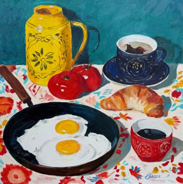 Pintura intitulada "breakfast, croissan…" por Elena Polischuk, Obras de arte originais, Óleo Montado em Armação em madeira