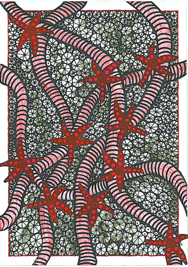Collages titled "Red Starfish" by Kar Sánchez, Original Artwork, Screenprinting