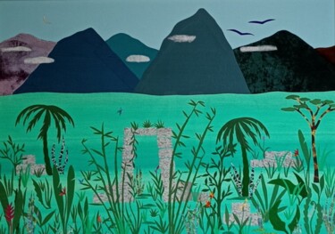 Arte têxtil intitulada "Chemin des Incas" por Christine De Bast, Obras de arte originais, Colagens Montado em Vidro