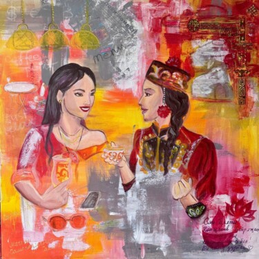 Painting titled "Two women talks (pa…" by Mika Shigeru, Original Artwork, Acrylic Mounted on Wood Panel