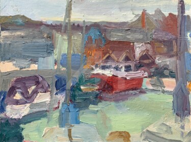 Painting titled "Red boat, Green sea…" by Georgina Rey, Original Artwork, Oil