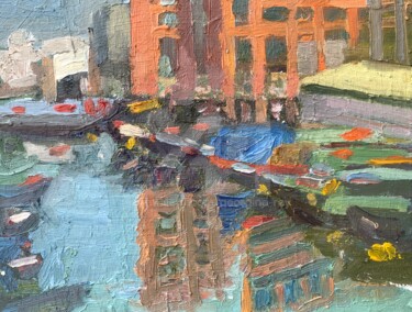 Painting titled "Barges at Regent's…" by Georgina Rey, Original Artwork, Oil