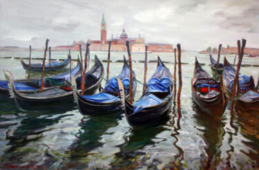 Painting titled "Gondolas" by Leonid Pavlenko, Original Artwork, Oil Mounted on Wood Stretcher frame