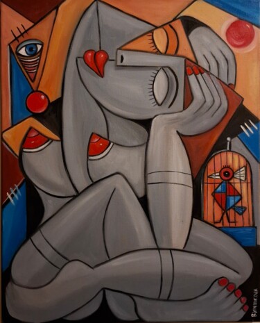 Pintura intitulada "Mulher com passarin…" por Olena Blinnikova, Obras de arte originais, Óleo Montado em Armação em madeira