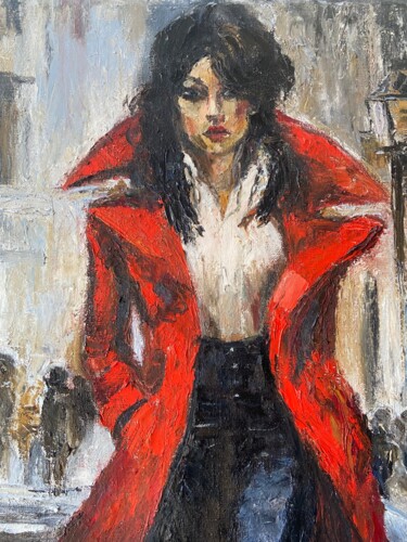 Painting titled "Женщина в красном п…" by Svetlana Shtamburg, Original Artwork, Oil Mounted on Wood Stretcher frame