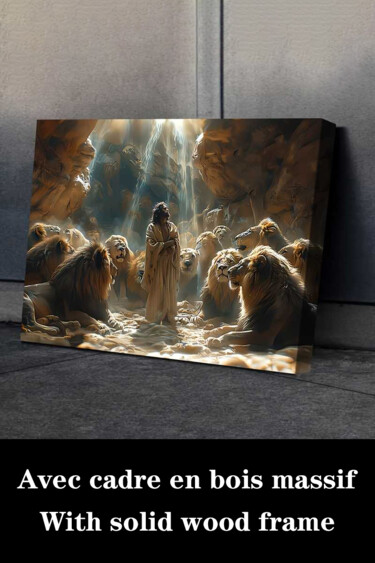 Printmaking titled "Man And The Lion'S…" by Jiang Hua Liang, Original Artwork, Inkjet Mounted on Wood Stretcher frame