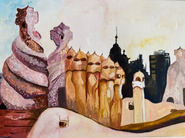 Painting titled "Barcelona, rooftop…" by Raluca R, Original Artwork, Watercolor Mounted on Other rigid panel