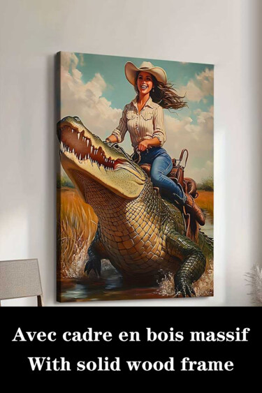 Gravures & estampes intitulée "Woman RidingCrocodi…" par Jiang Hua Liang, Œuvre d'art originale, Jet d’encre Monté sur Châss…