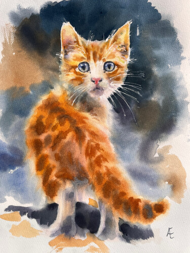 Ζωγραφική με τίτλο "Chaton roux. Peintu…" από Elena Recondo, Αυθεντικά έργα τέχνης, Ακουαρέλα