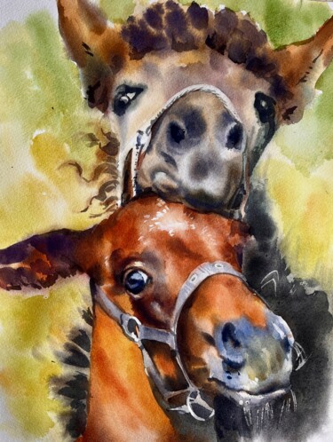 Painting titled "Deux poulains. Pein…" by Elena Recondo, Original Artwork, Watercolor