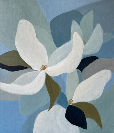 绘画 标题为“White Flowers on Bl…” 由Tatiana Skrynnikova, 原创艺术品, 丙烯
