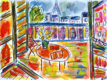 Painting titled "Balcon et Tour Eiff…" by Jean Mirre, Original Artwork, Oil