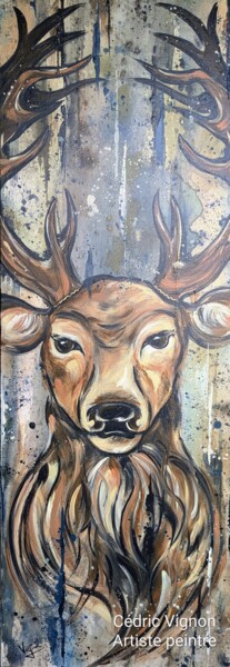 Painting titled "Peinture cerf anima…" by Cédric Vignon, Original Artwork, Acrylic Mounted on Wood Stretcher frame
