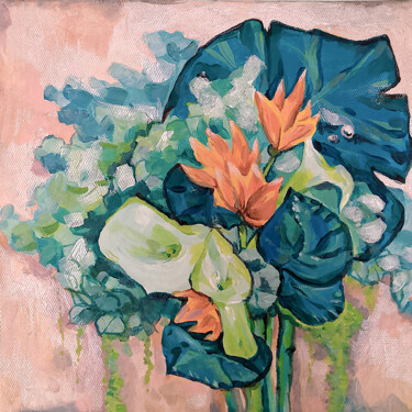 Painting titled "Hydrangeas, Chrysan…" by Tat Ana Graceva, Original Artwork, Acrylic Mounted on Wood Stretcher frame