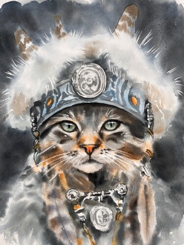 Ζωγραφική με τίτλο "Chat guerrier. Pein…" από Elena Recondo, Αυθεντικά έργα τέχνης, Ακουαρέλα