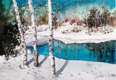 Pintura intitulada "Winter Lake" por Fineartderya, Obras de arte originais, Aquarela