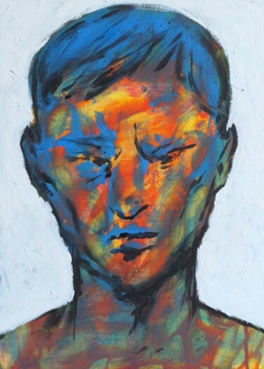 Painting titled "Boy" by Mark Barrable, Original Artwork, Oil Mounted on Other rigid panel