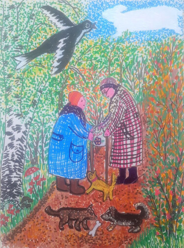 Painting titled "naive art, a bright…" by Evgenia Rod Borovikova, Original Artwork, Acrylic Mounted on Cardboard