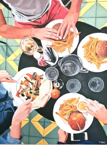 Schilderij getiteld "Sunday lunch" door Yvan Favre, Origineel Kunstwerk, Olie Gemonteerd op Frame voor houten brancard