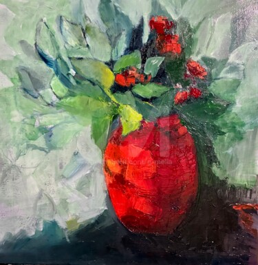 Malerei mit dem Titel "Vase rouge" von Eliane Boivin, Original-Kunstwerk, Öl Auf Keilrahmen aus Holz montiert
