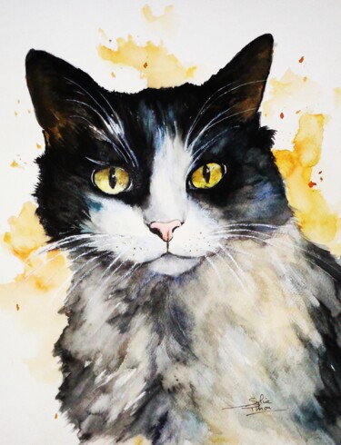 Ζωγραφική με τίτλο "chat noir et blanc" από Sylvie Pinon, Αυθεντικά έργα τέχνης, Ακουαρέλα