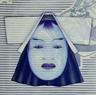 Painting titled "Japanese theatre ma…" by Andromachi Giannopoulou, Original Artwork, Ballpoint pen Mounted on Cardboard