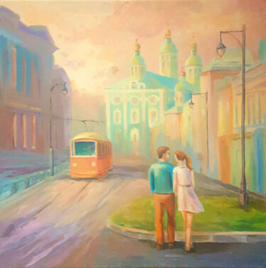 Pintura titulada "a city scene with a…" por Evgenia Rod Borovikova, Obra de arte original, Acrílico Montado en Bastidor de c…