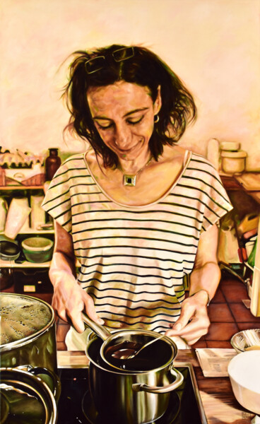 Painting titled "'Christine' Cooks" by Doreen Koch, Original Artwork, Oil Mounted on Wood Stretcher frame