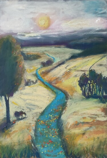 Painting titled "A river among the h…" by Sveta Uvarova, Original Artwork, Pastel