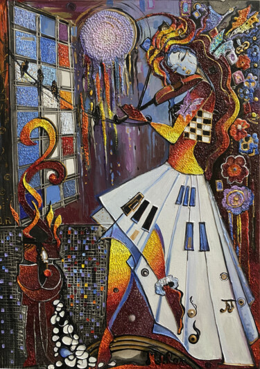 Peinture intitulée "Moonlit Performance" par Ruzanna Melqumyan, Œuvre d'art originale, Huile Monté sur Châssis en bois