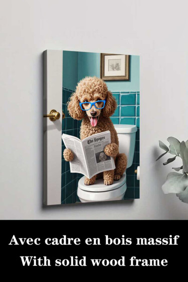 Printmaking titled "Funny Poodle on Toi…" by Jiang Hua Liang, Original Artwork, Inkjet Mounted on Wood Stretcher frame