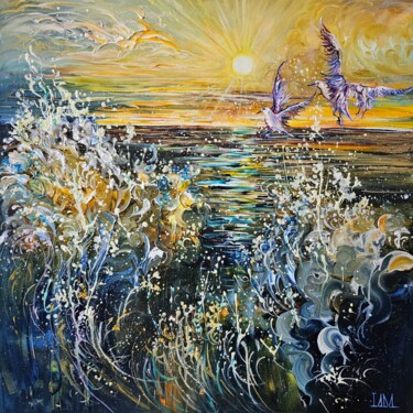 Peinture intitulée "Seagulls, Sunset an…" par Lada Stukan, Œuvre d'art originale, Huile Monté sur Châssis en bois