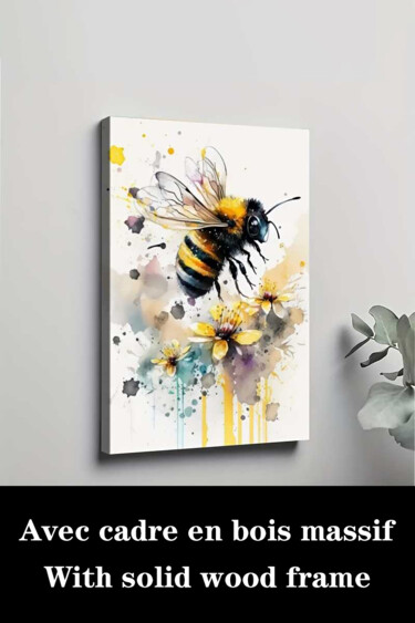 Printmaking titled "Watercolor Bees Wit…" by Jiang Hua Liang, Original Artwork, Inkjet Mounted on Wood Stretcher frame