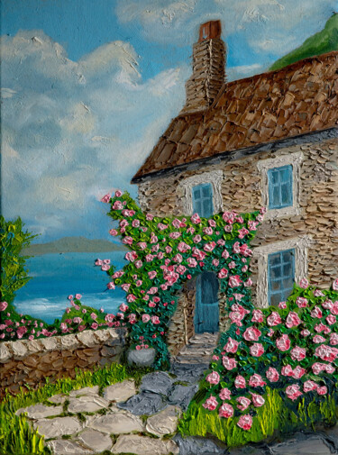 Peinture intitulée "House with Roses" par Rafalas Dubovičius, Œuvre d'art originale, Huile Monté sur Châssis en bois