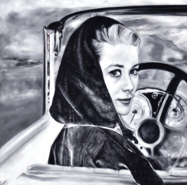 Painting titled "'Grace Kelly' Car" by Doreen Koch, Original Artwork, Oil Mounted on Wood Stretcher frame