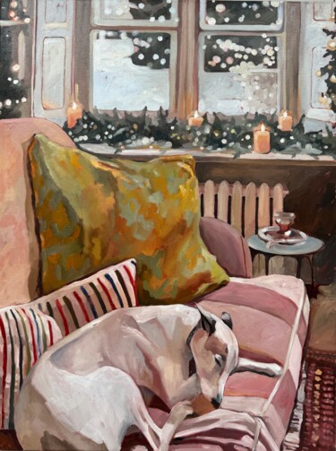 Painting titled "A cozy Christmas" by Alisa Diakova, Original Artwork, Oil Mounted on Wood Stretcher frame