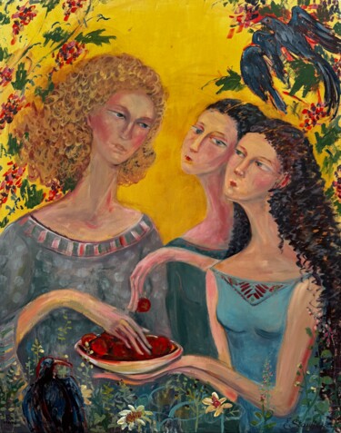 Malerei mit dem Titel "Neugierige Vögel" von Elena Stauffer, Original-Kunstwerk, Acryl Auf Keilrahmen aus Holz montiert