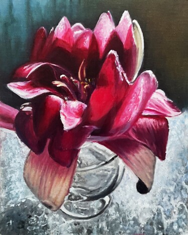 Ζωγραφική με τίτλο "Magenta Flower in G…" από Tetyana Hamilton, Αυθεντικά έργα τέχνης, Λάδι Τοποθετήθηκε στο Ξύλινο πάνελ