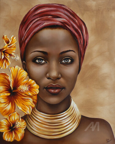 Schilderij getiteld "Fleur Africaine" door Aurélie Nativel, Origineel Kunstwerk, Olie Gemonteerd op Houten paneel