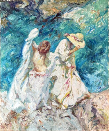 Painting titled "Mujeres en el mar" by José Royo, Original Artwork, Oil Mounted on Wood Stretcher frame