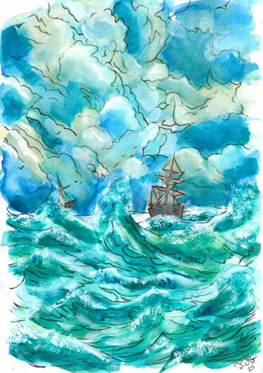 Peinture intitulée "🌊The Sails of Wrath" par Armajay, Œuvre d'art originale, Aquarelle