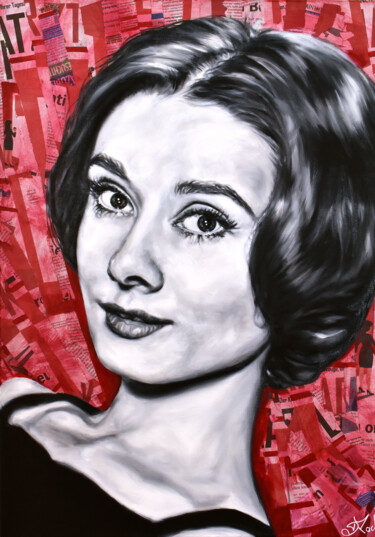 Painting titled "'Audrey Hepburn' Co…" by Doreen Koch, Original Artwork, Oil Mounted on Wood Stretcher frame