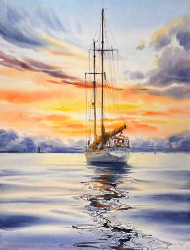 Painting titled "Golden hour on a ya…" by Eugenia Gorbacheva, Original Artwork, Watercolor