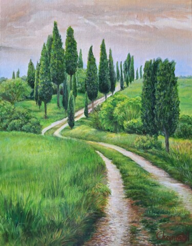 Peinture intitulée "Landscape with cypr…" par Anastasia Chernysh, Œuvre d'art originale, Huile Monté sur Châssis en bois