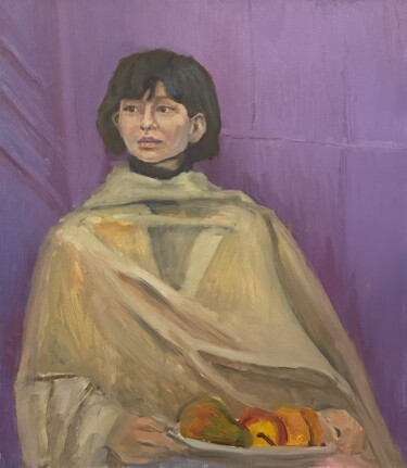 Ζωγραφική με τίτλο "girl with fruits" από Багжан Алиханов, Αυθεντικά έργα τέχνης, Λάδι Τοποθετήθηκε στο Ξύλινο φορείο σκελετό