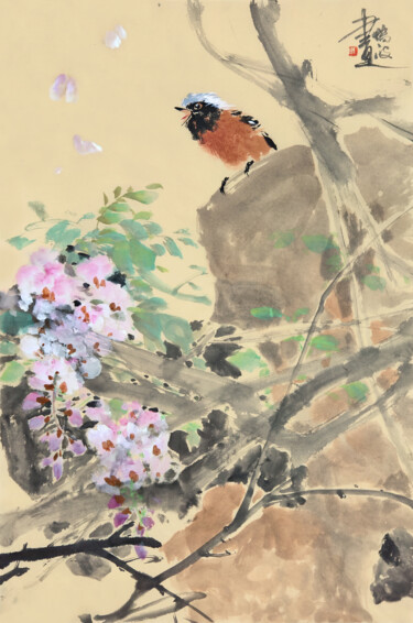Painting titled "《藤花啼雀》宣纸软片 写意花鸟 2025" by Chuanbo Zhou, Original Artwork, Watercolor